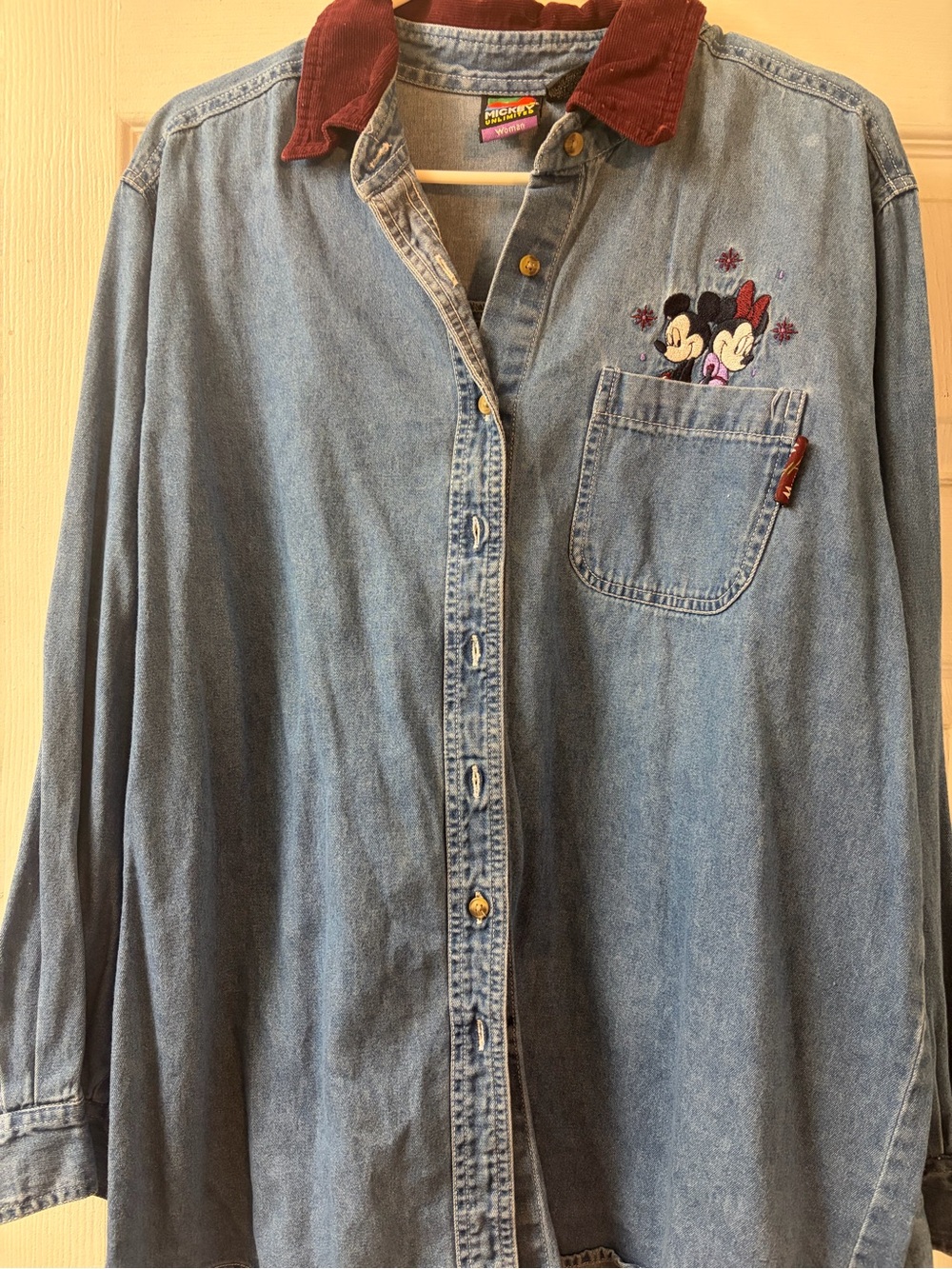 Disney Denim Button-Down Shirt with Burgundy Corduroy Collar
